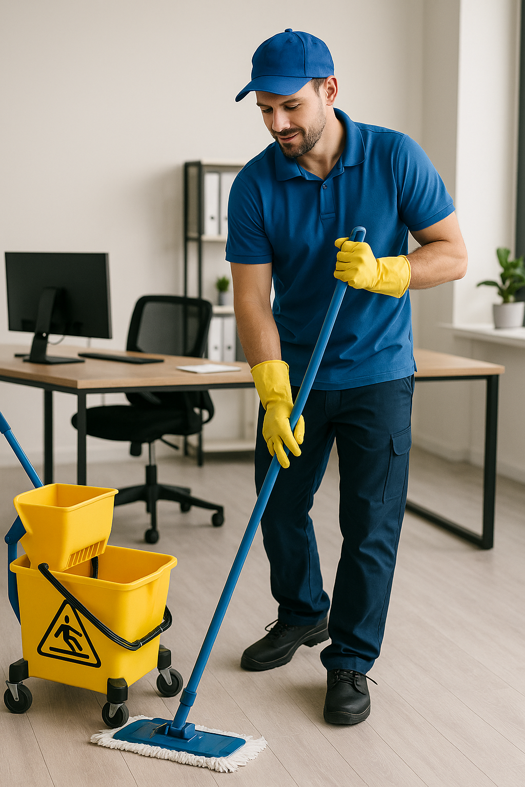 Professionelt rengøringsteam i moderne erhvervslokaler